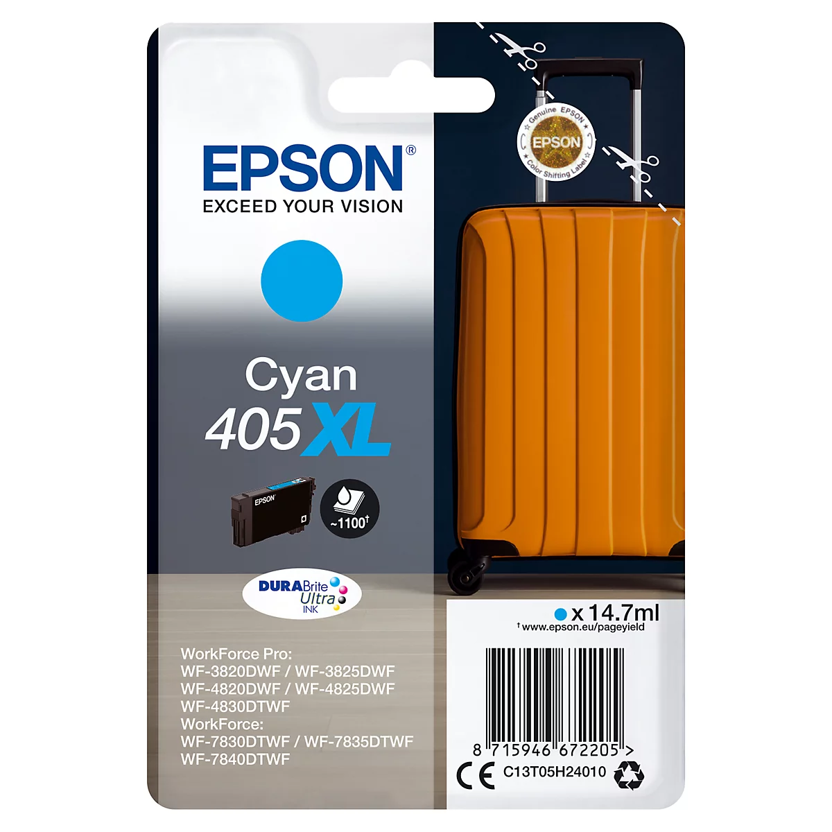 Blisterpack mit Epson Cyan Tinte, darunter ein oranger Koffer. Aufschrift: Epson, Cyan 405 XL.