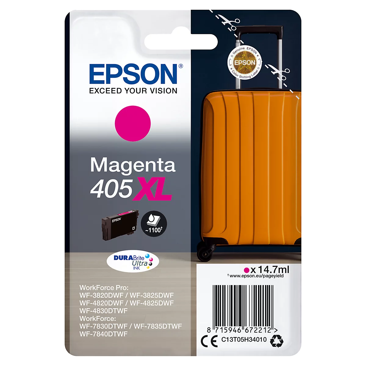 Epson Tintenpatrone Magenta 405 XL mit Koffer-Grafik. Produktbezeichnung, Tintenmenge und Barcode.