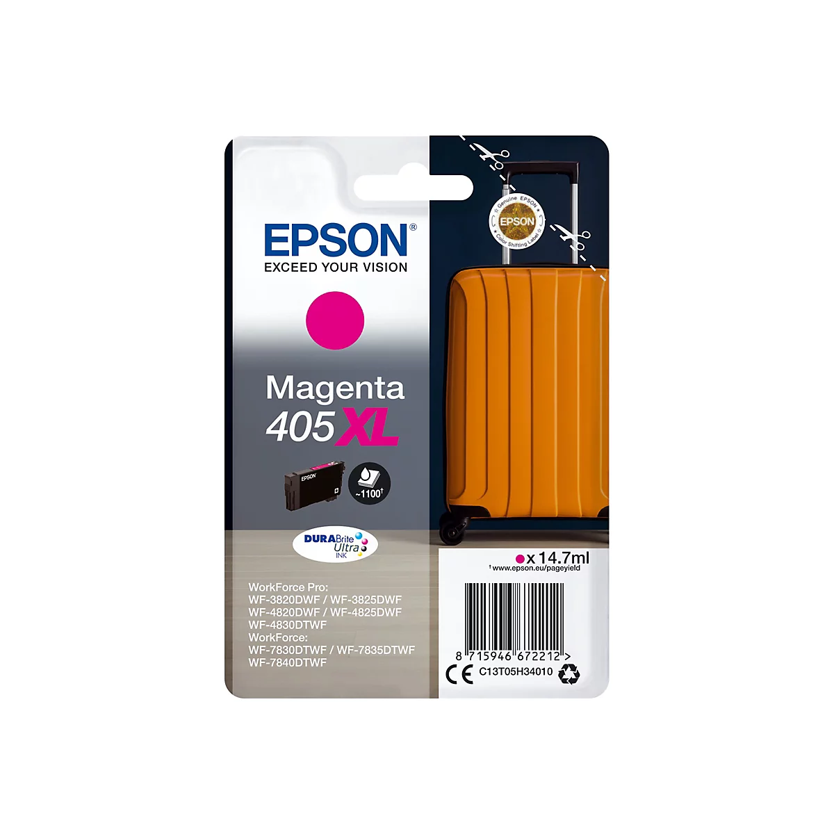 Verpackung einer Epson Magenta 405 XL Tintenpatrone, rechts daneben eine orangefarbene Gepäcktasche.