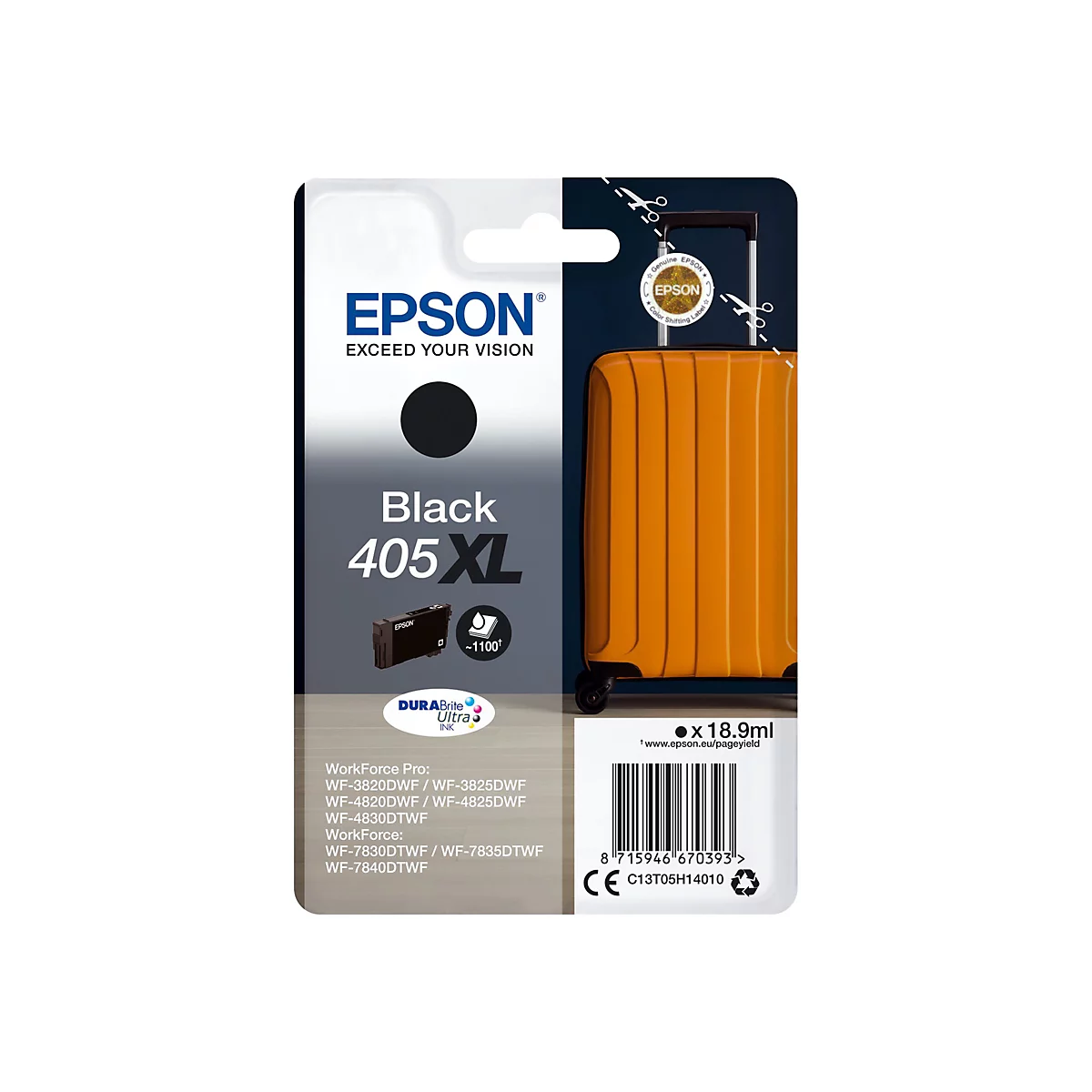 Schwarze Epson Tintenpatrone 405XL mit einer orangefarbenen Gepäck-Illustration. Text: Epson, Black, 405 XL.