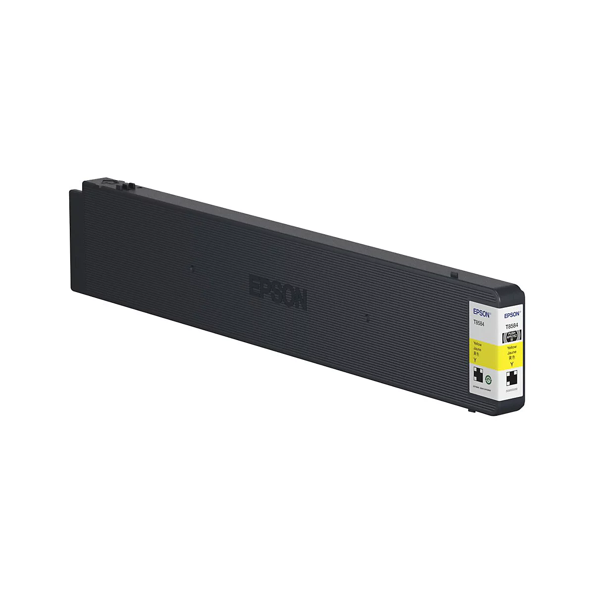 Schwarze Epson-Tintenpatrone. Aufdruck: Epson. Aufkleber mit gelbem Inhalt und der Bezeichnung T7904.