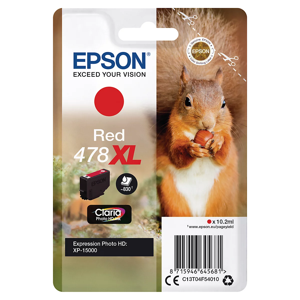 Epson Tintenpatrone rot, mit Eichhörnchen, das eine Nuss hält. Auf der Verpackung steht "478XL" und "Claria Photo HD Ink".