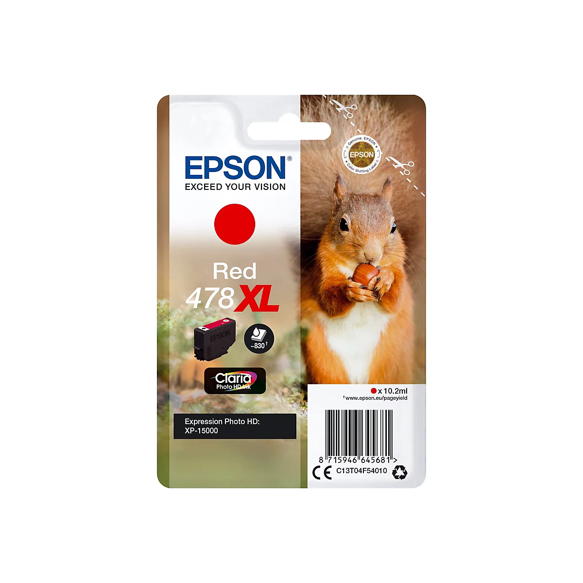 Verpackung einer Epson Tintenpatrone, im Hintergrund ein Eichhörnchen mit Nuss. Auf der Verpackung steht 'Red 478XL'.