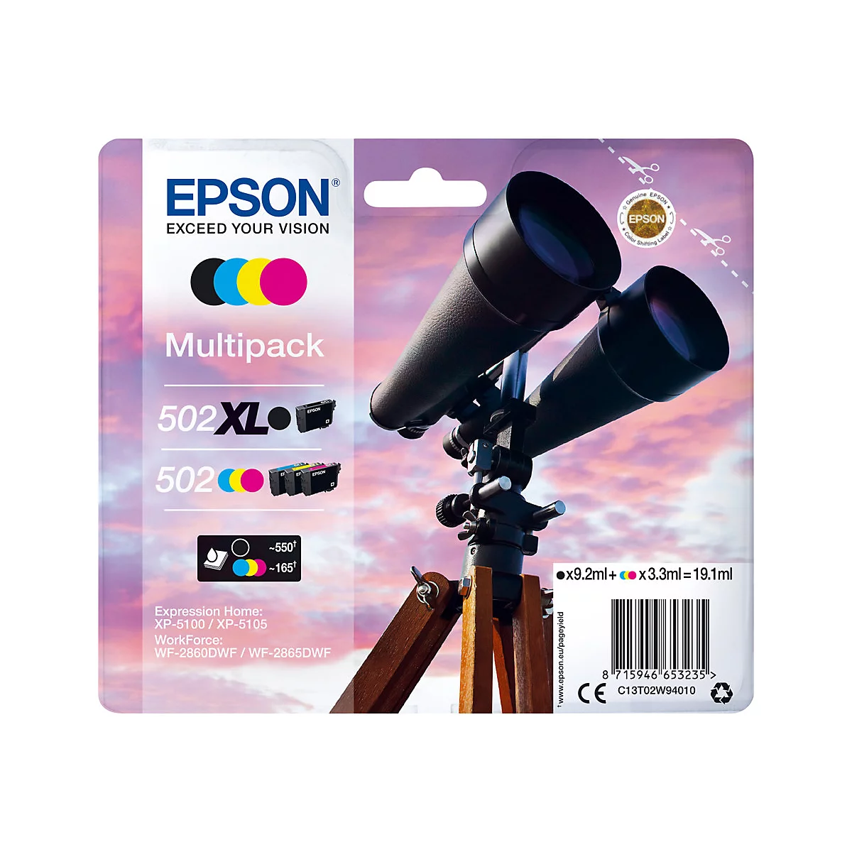 Multipack de cartouches d'encre Epson avec des logos colorés, à côté des jumelles sur un trépied, le fond est rose et bleu.