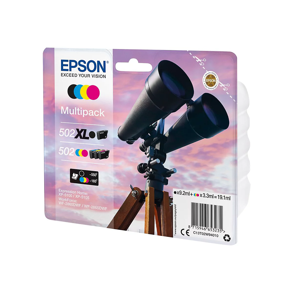 Multipack de cartouches d'encre Epson, emballage avec fond de télescope. Les couleurs sont le noir, le cyan, le jaune, le magenta. Indication du contenu et code-barres inclus.