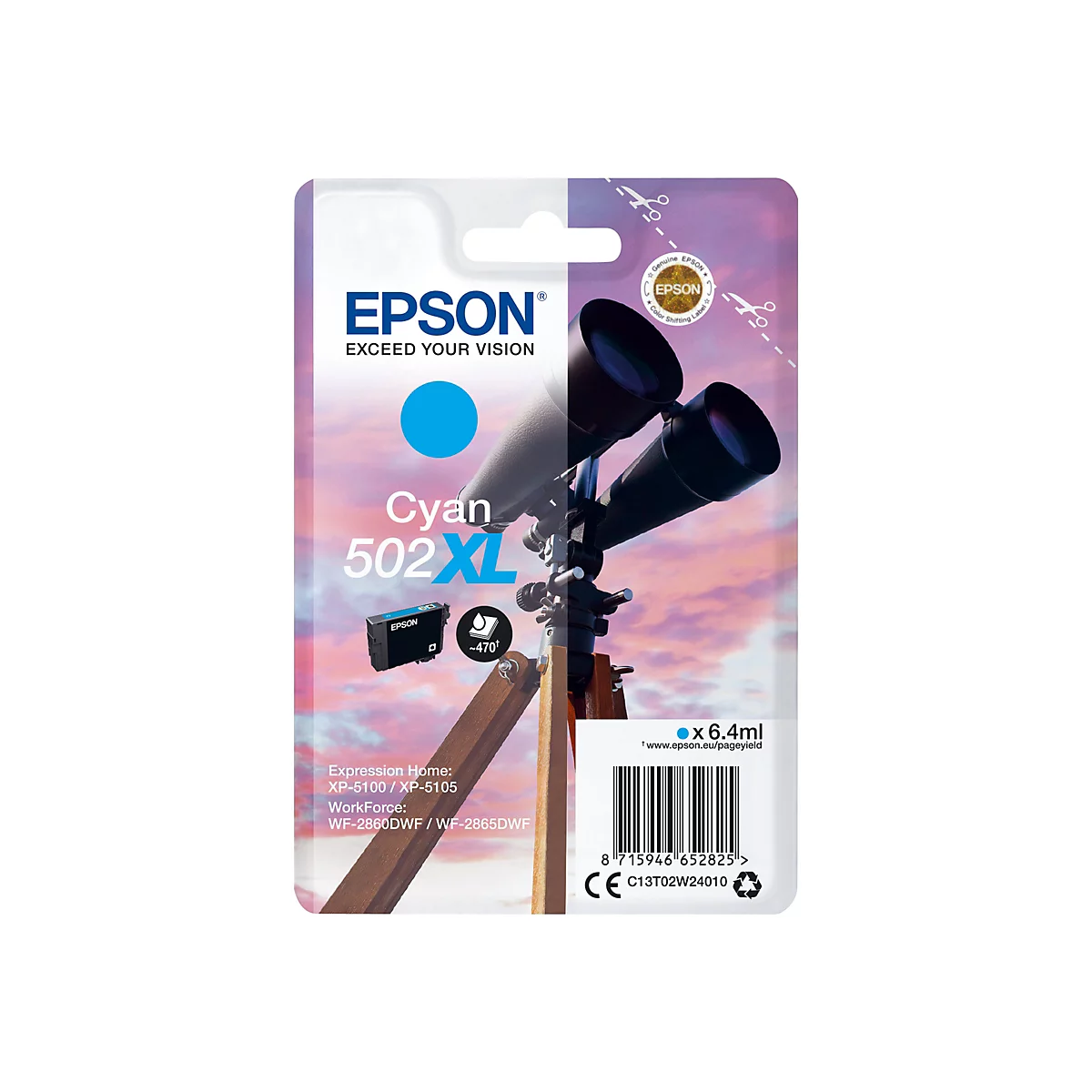Epson-Tintenpatrone Cyan 502 XL auf blau-weiÃŸem Hintergrund, zeigt ein Teleskop.