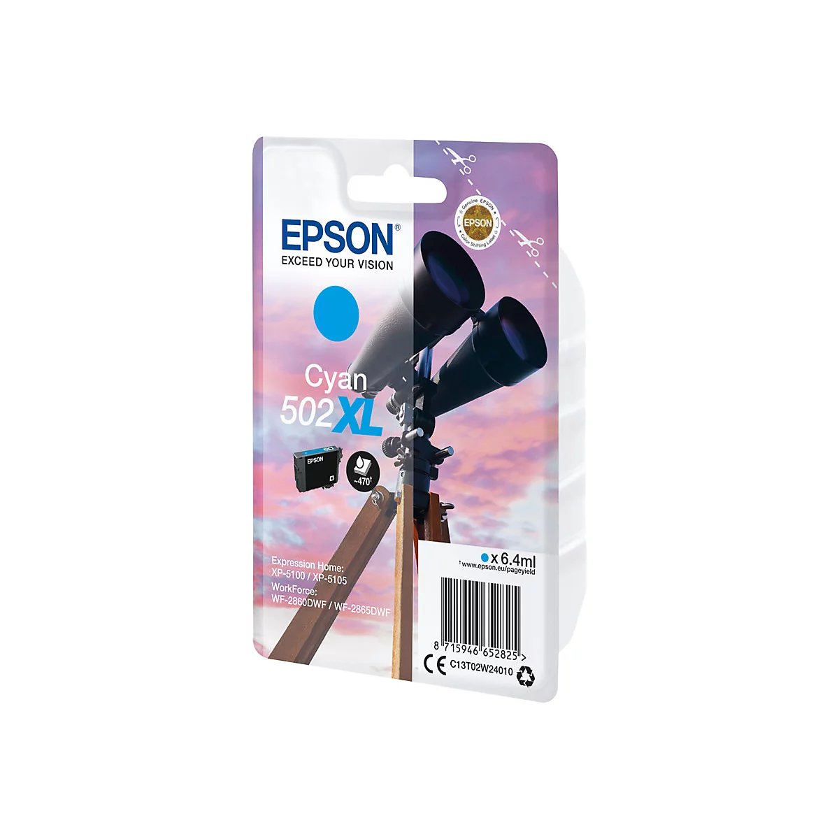 Packung mit Epson Cyan 502XL Druckerpatrone. Die Packung zeigt ein Teleskop vor einem farbenfrohen Hintergrund.