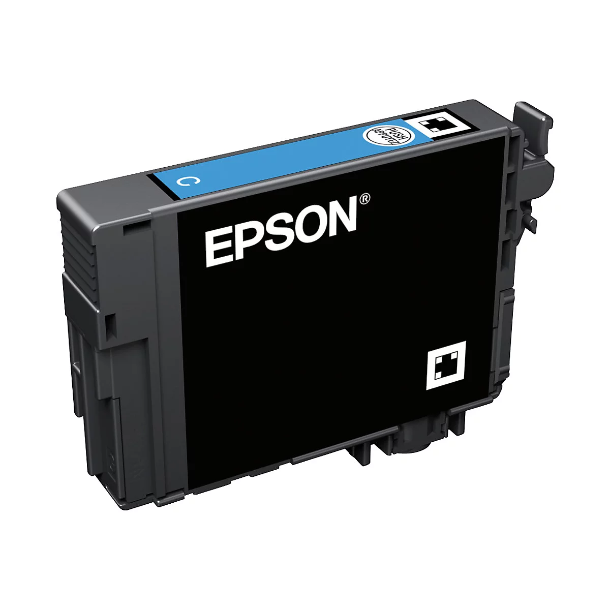 Epson Tintenpatrone in Schwarz und Cyan. Aufschrift EPSON. Blaues Rechteck auf der Oberseite.