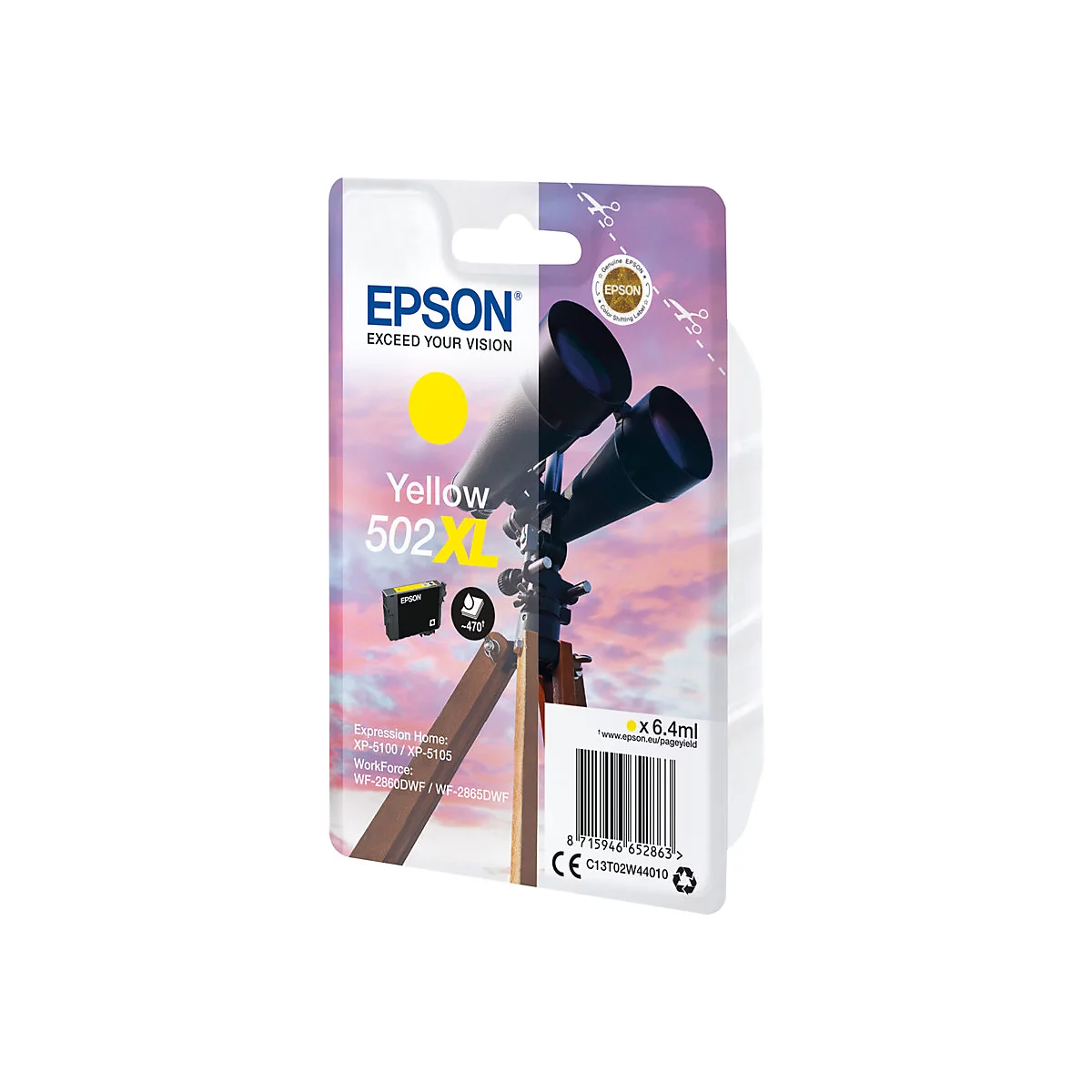 Gelbe Tintenpatrone Epson 502XL, Verpackung mit Teleskop-Motiv. Aufdruck: Epson Exceed your Vision, x 6.4ml.