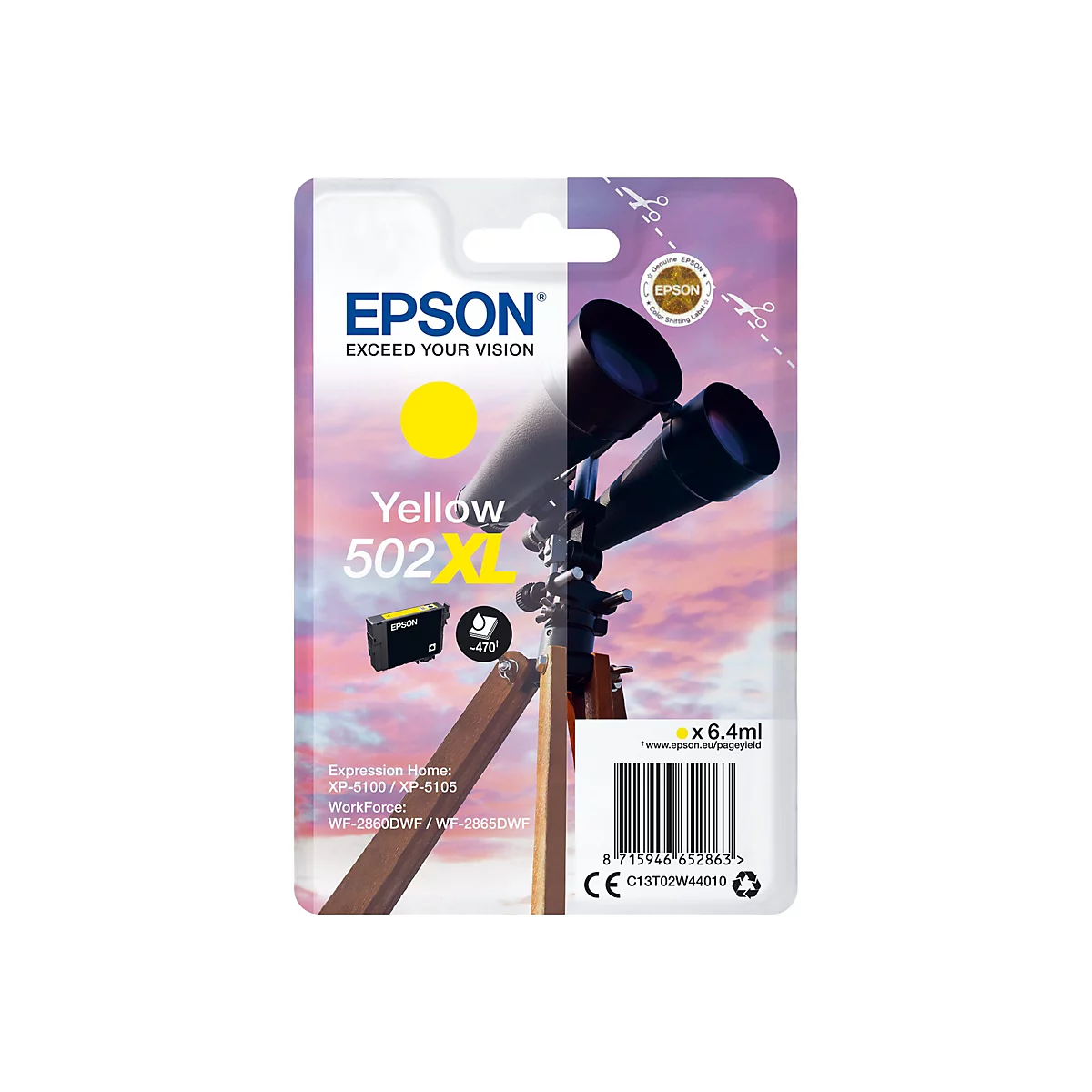 Gelbe Epson Tintenpatrone 502 XL, Bild eines Teleskops. Aufschrift: Epson. Exceed your vision. x 6,4 ml.