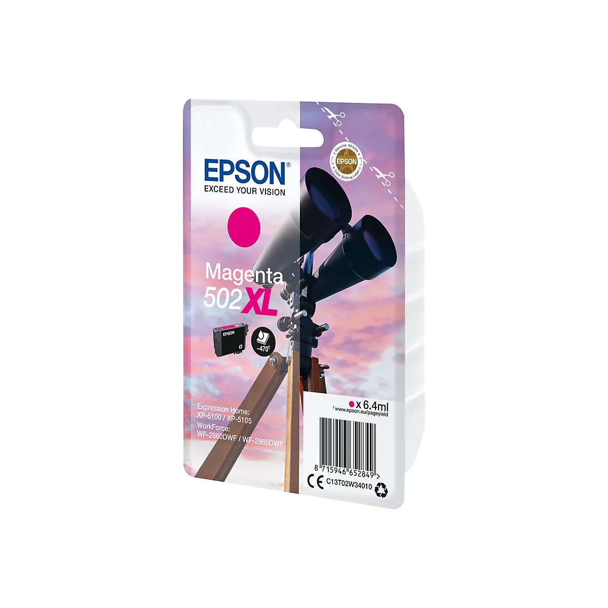 Packung einer Epson Magenta 502 XL Tintenpatrone. Aufdruck: Epson Exceed Your Vision. Im Hintergrund ist ein Teleskop zu sehen.
