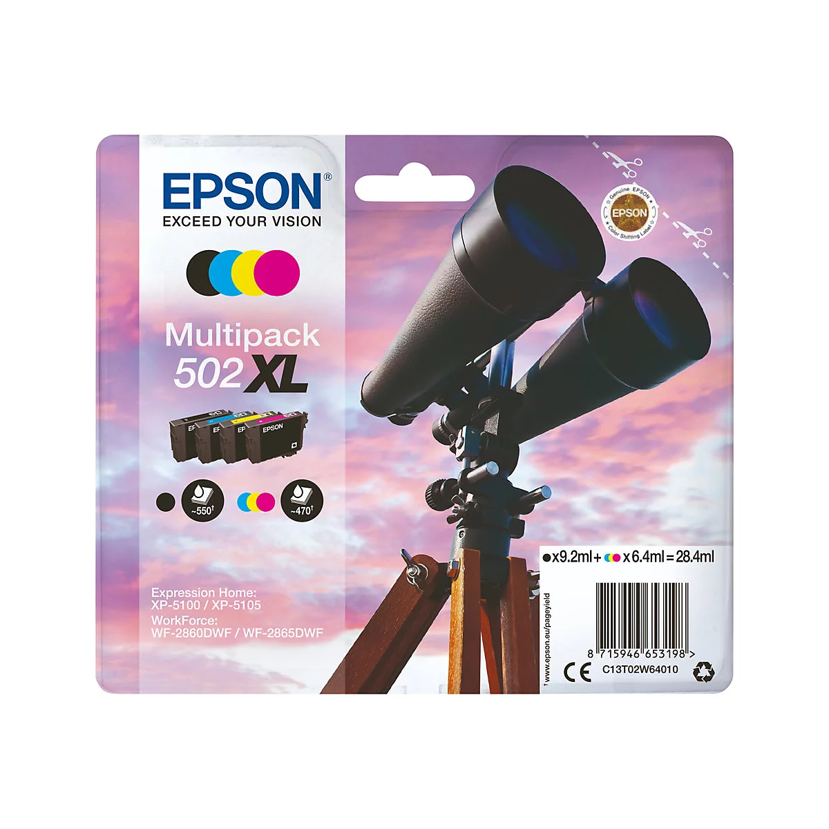 Epson 502XL Multipack - 4er-Pack - mit hoher Kapazität - Schwarz, Gelb, Cyan, Magenta - original - Tintenpatrone