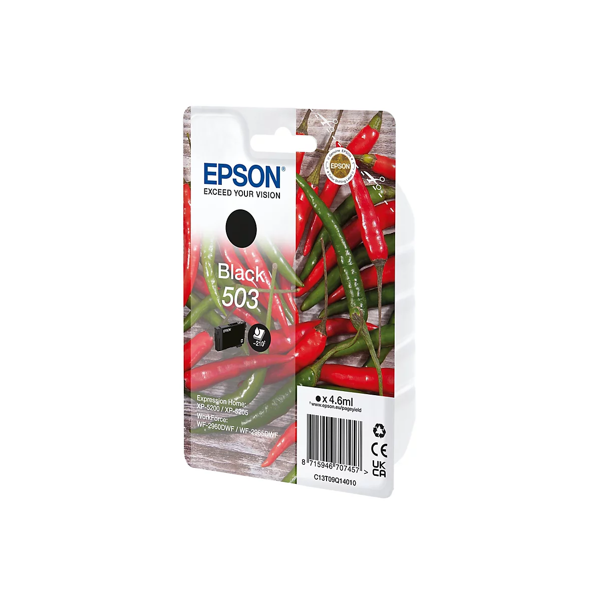 Schwarze Epson Tintenpatrone, vor einem Hintergrund aus roten und grünen Chilischoten abgebildet.