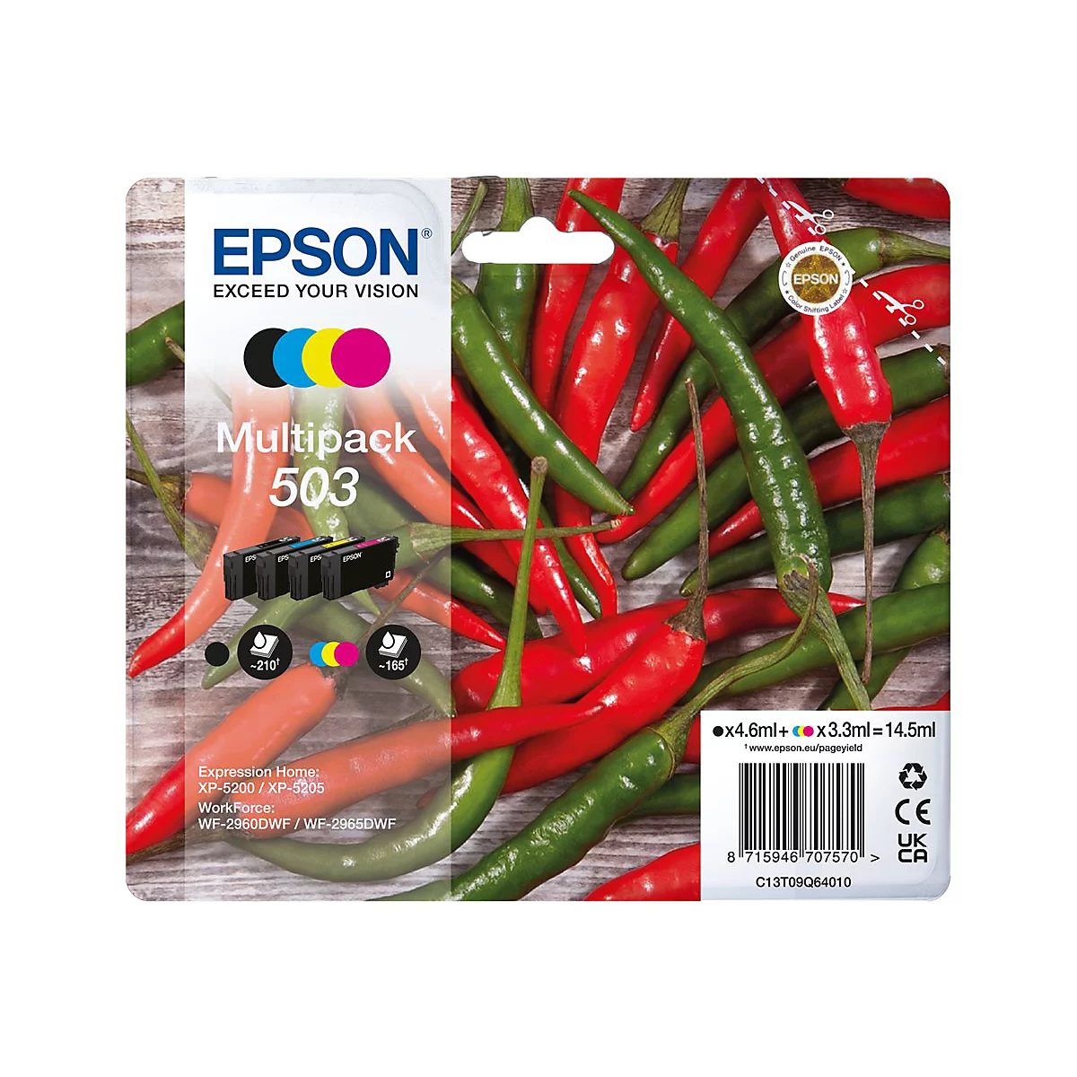 Packung Epson Tintenpatronen 503 vor Hintergrund aus roten und grünen Chilischoten.