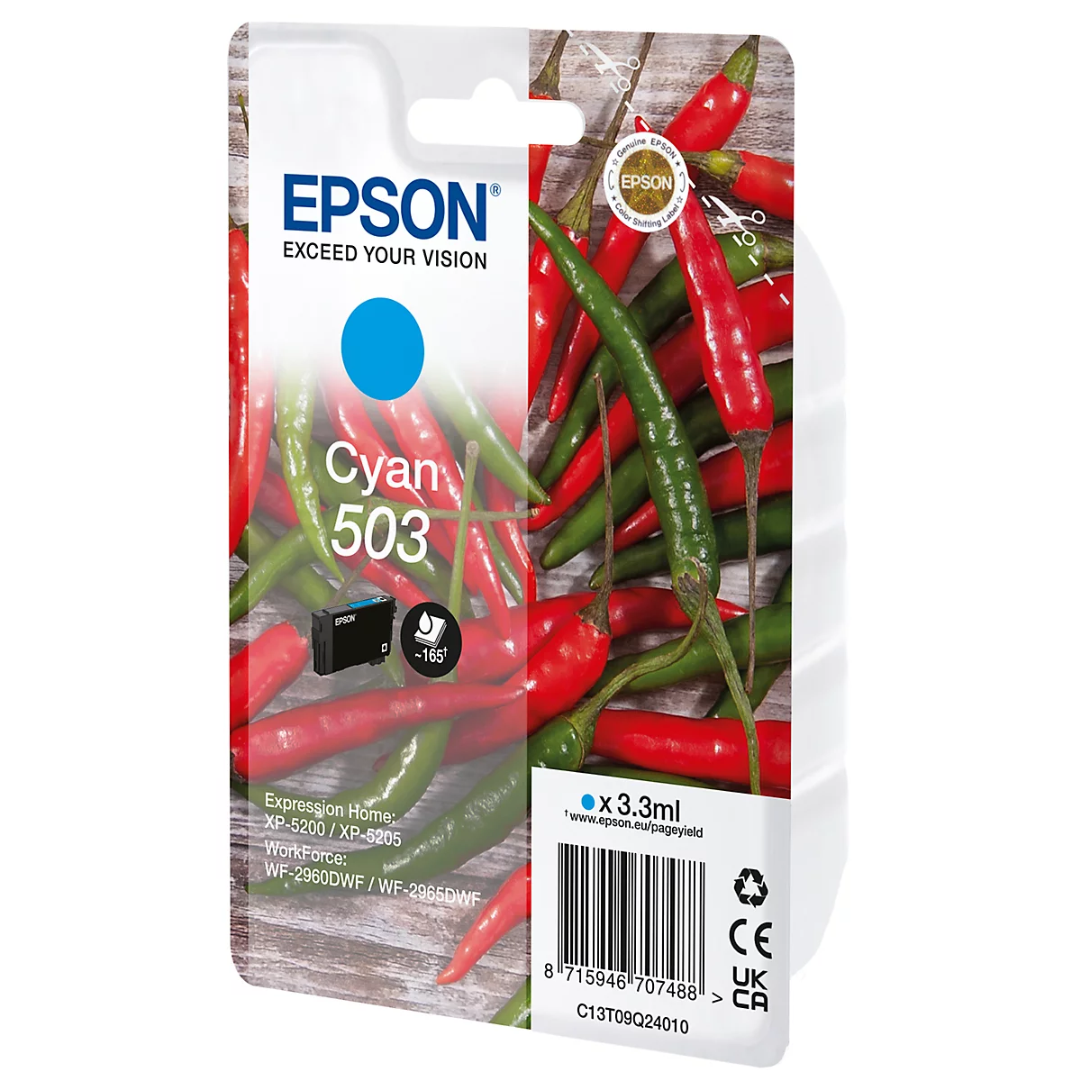 Cartouche d'encre Epson Cyan 503 sur fond de piments rouges et verts.