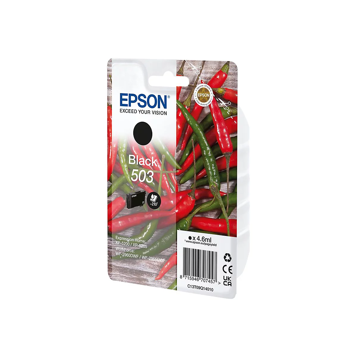 Cartouche d'encre noire Epson sur fond de piments rouges et verts. Texte : Black 503, x 4,6 ml.