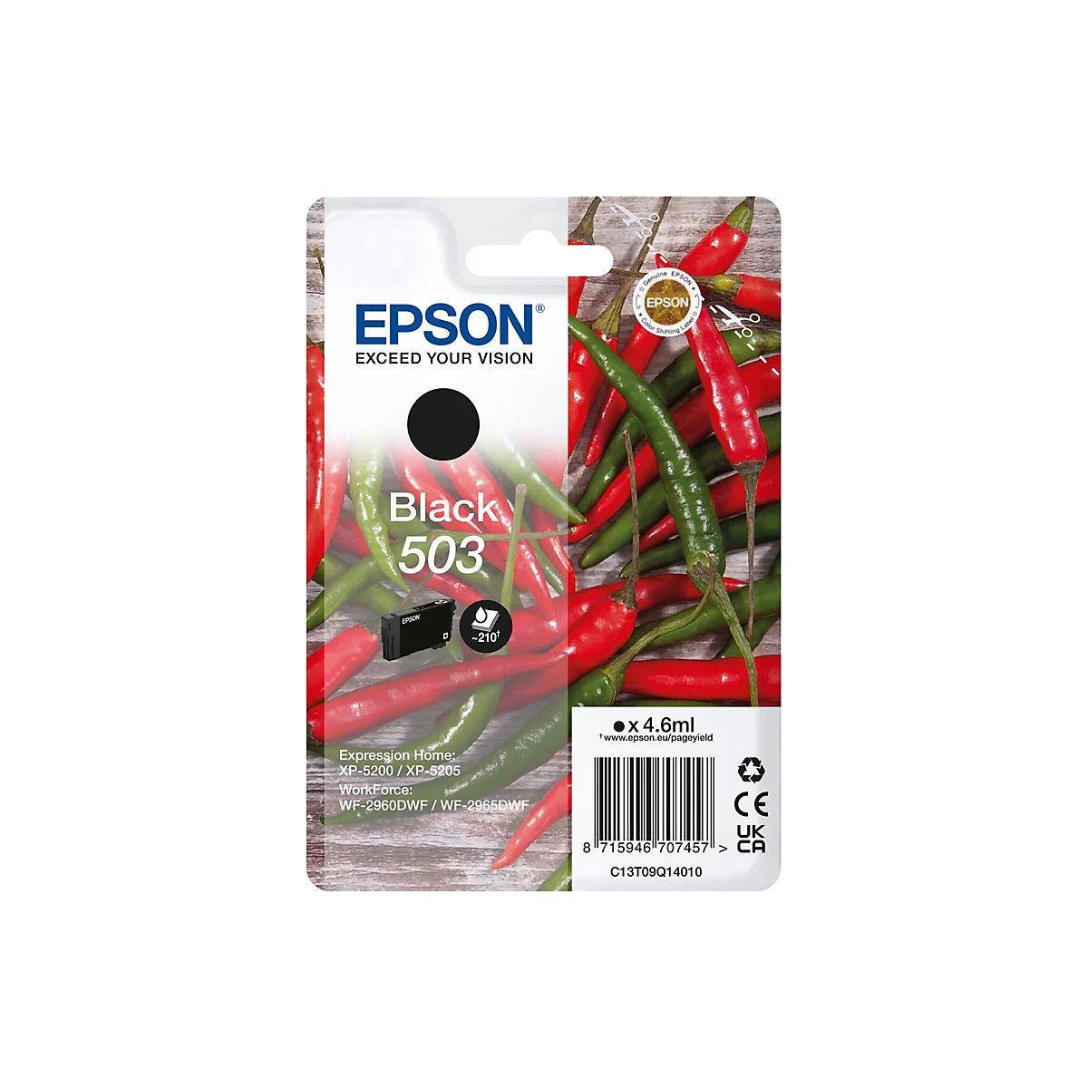 Cartouche d'encre Epson noire 503 sur un fond de piments rouges et verts.