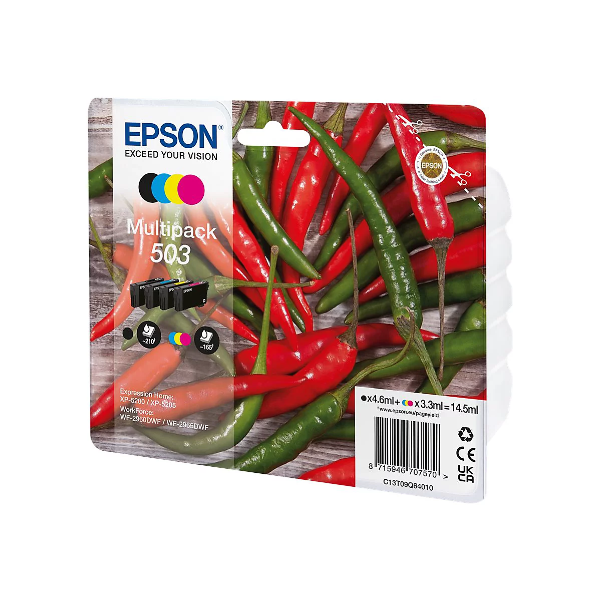 Multipack de cartouches d'encre Epson 503 sur un fond de piments rouges et verts.
