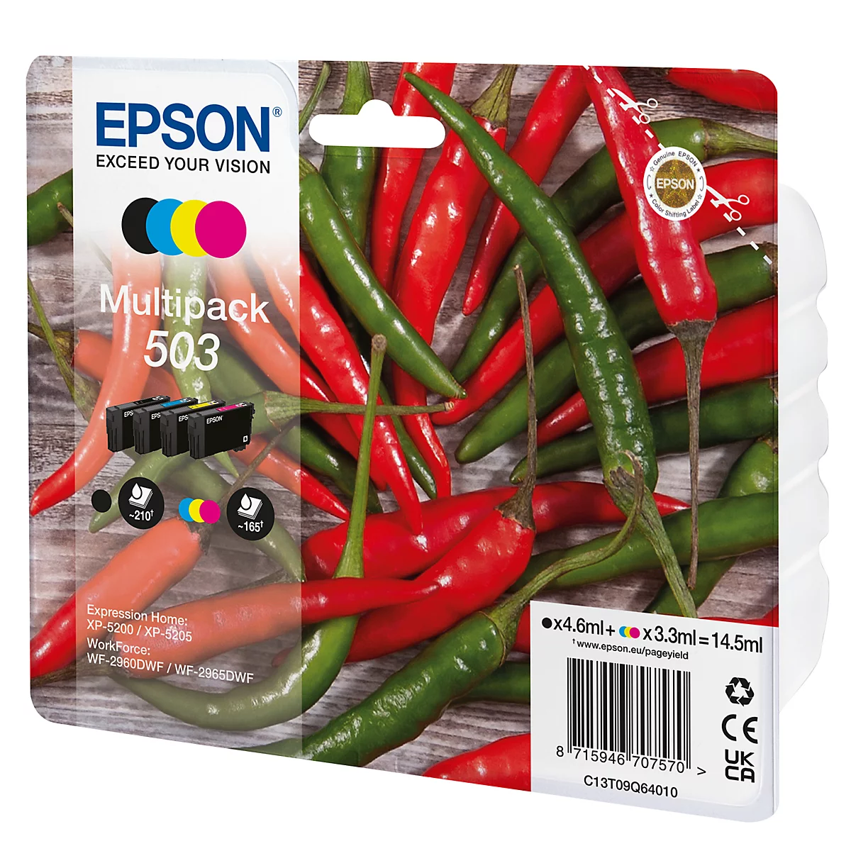 Multipack de cartouches d'encre Epson 503 devant un fond de piments rouges et verts.