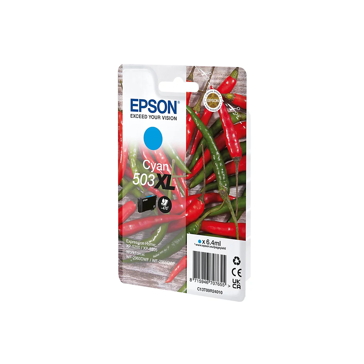 Epson Tintenpatrone Cyan 503XL, umgeben von roten und grünen Chilischoten.