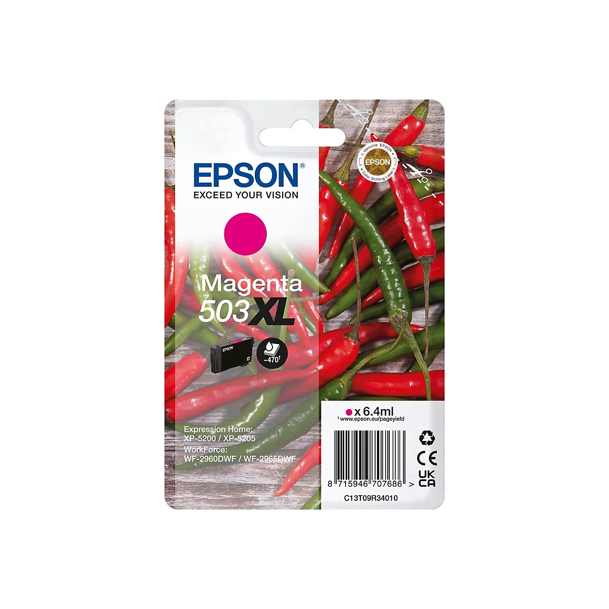 Eine Epson Tintenpatrone in Magenta vor einem Hintergrund aus roten und grünen Chilischoten. Auf der Patrone stehen die Wörter "Magenta 503 XL".