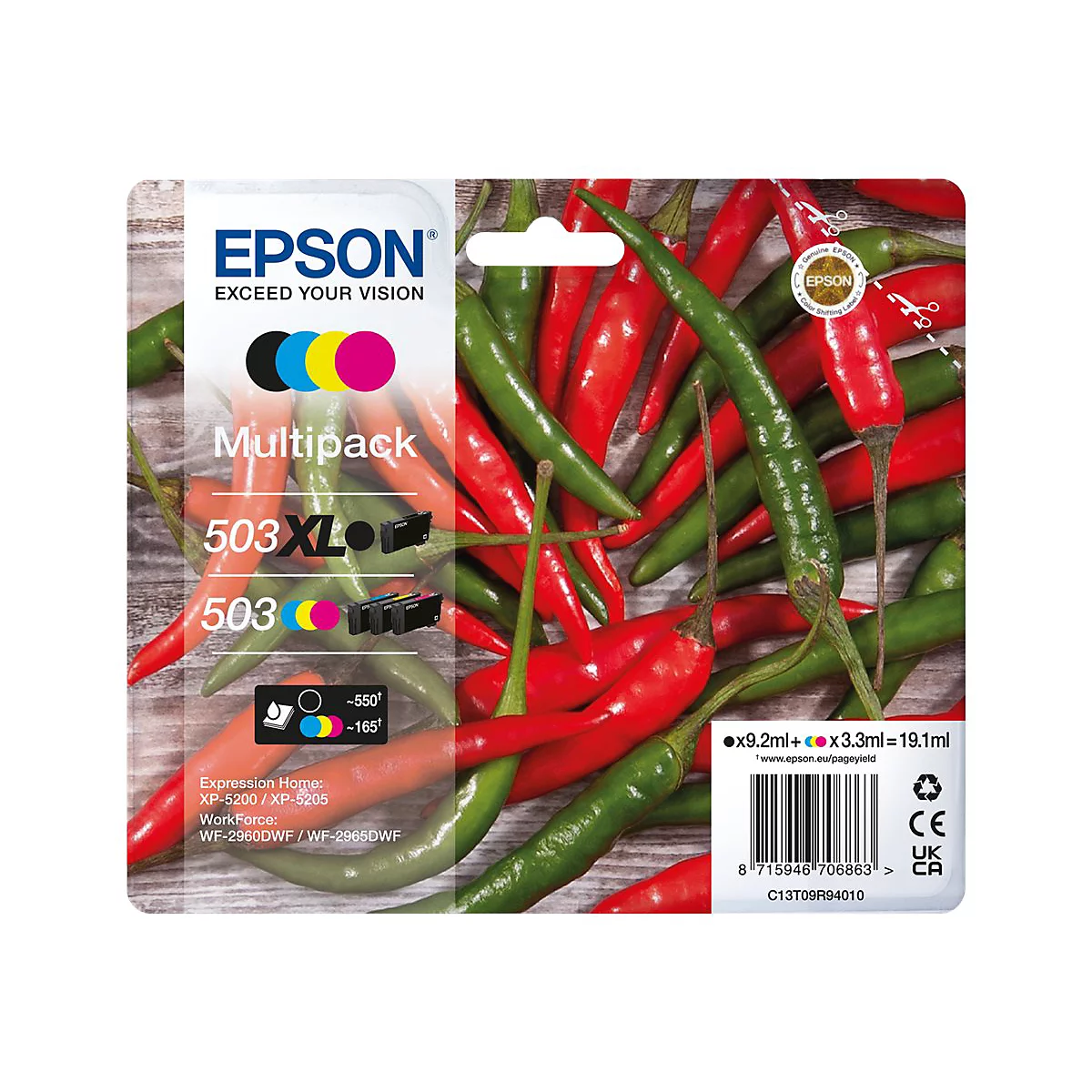 Tintenpatronen-Packung von Epson, vor einem Hintergrund aus roten und grünen Chilischoten.