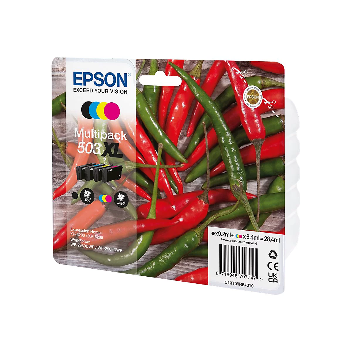Epson Tintenpatronen-Multipack 503XL, umgeben von roten und grünen Chilischoten. Produktbeschriftung, Markennamen und Text in verschiedenen Bereichen des Bildes.