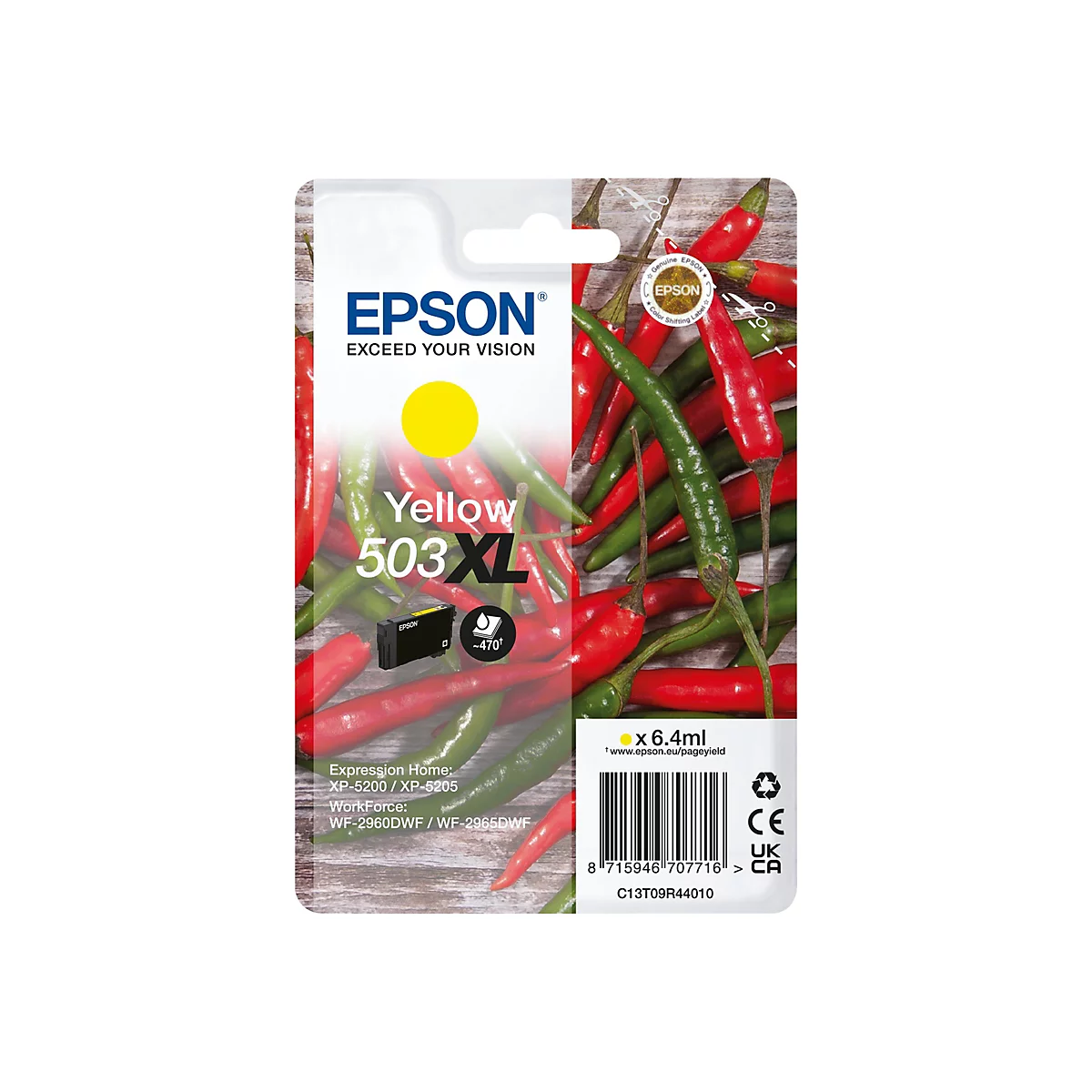 Cartouche d'encre jaune Epson 503XL sur un fond de piments rouges et verts.