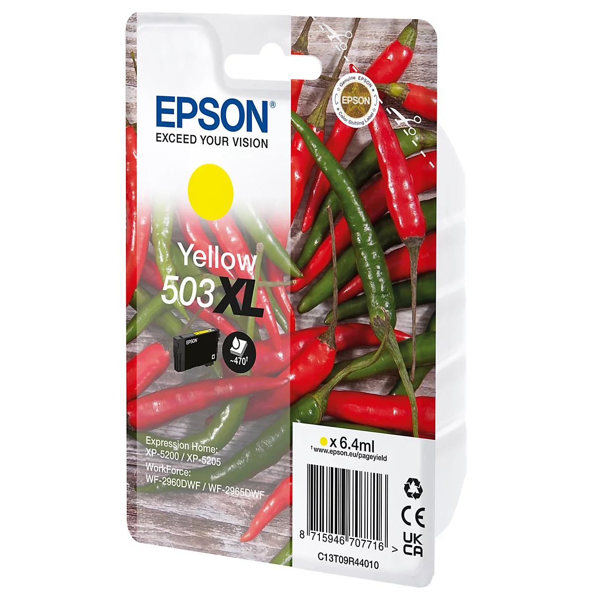 Cartouche d'encre jaune Epson 503XL devant un fond de piments rouges et verts, avec des informations sur le produit.