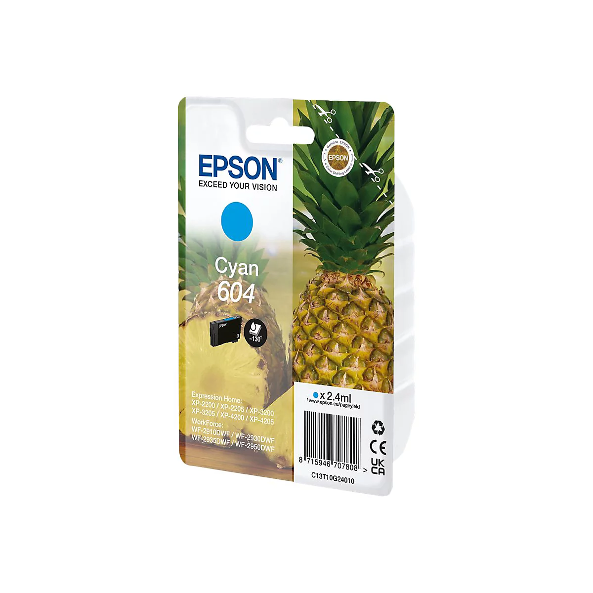 Blaugrüne Epson Tintenpatrone, abgebildet vor einem Ananas Hintergrund. Der Packung ist Cyan 604 beschriftet.
