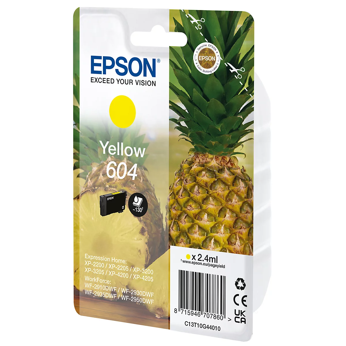 Gelbe Epson Tintenpatrone 604, mit Ananas-Hintergrund. Aufschrift: Yellow 604.