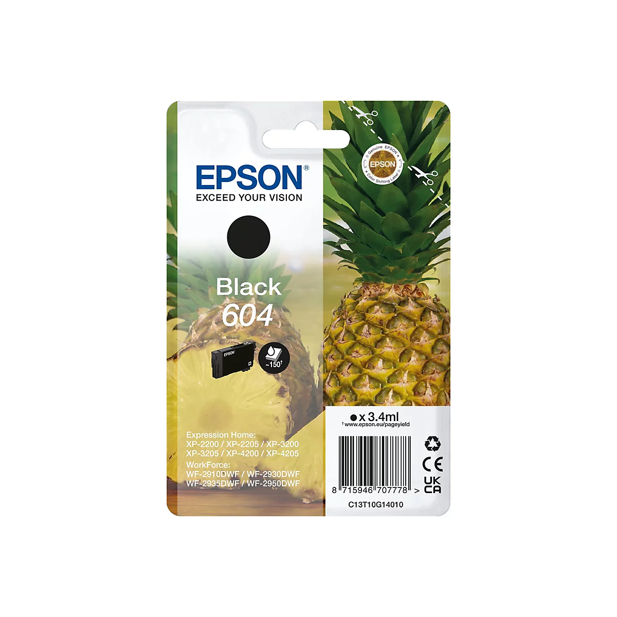 Schwarze Epson Tintenpatrone, eingebettet in einem Ananas-Design, Text: Black 604.