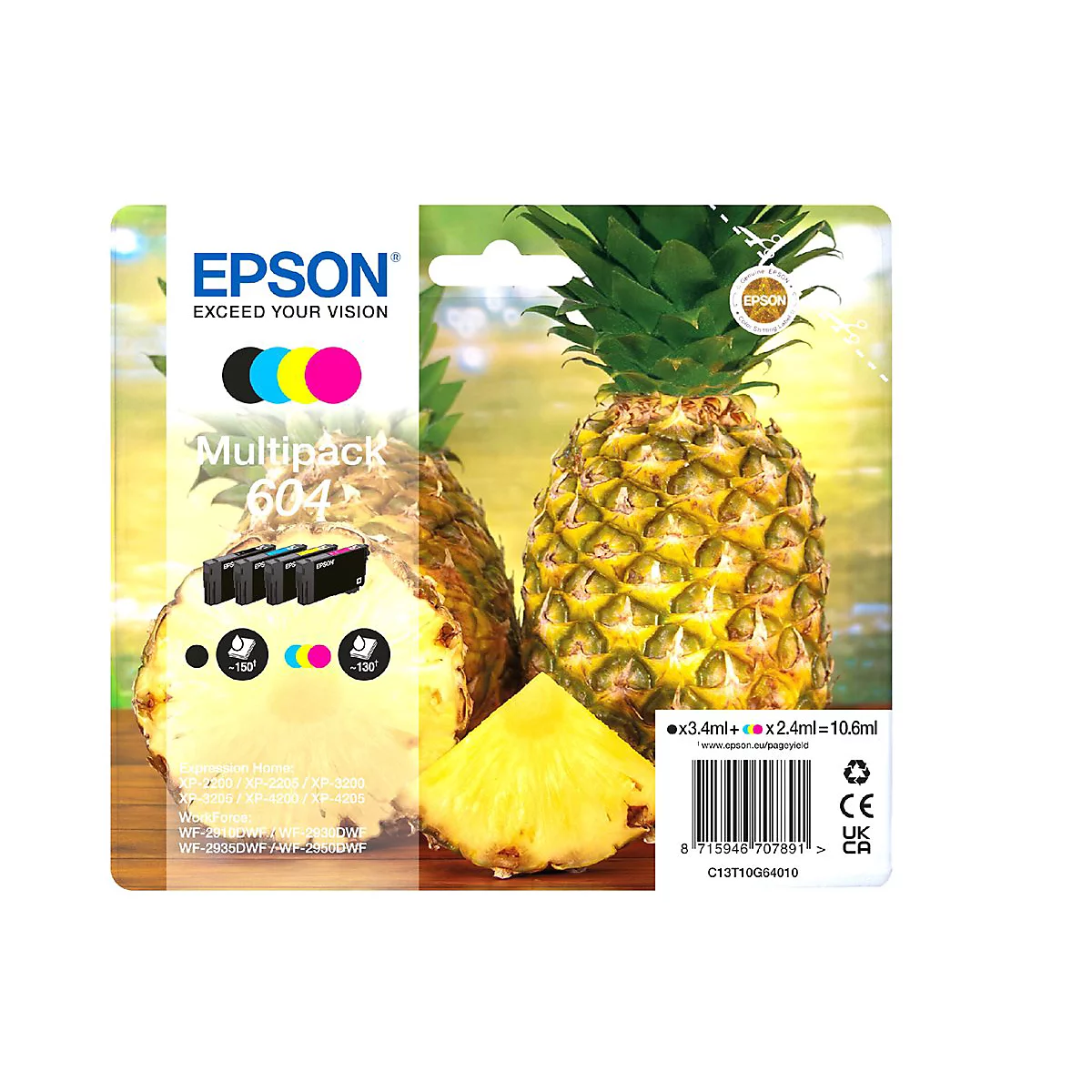 Eine Epson Multipack 604 Tintenpatronen-Verpackung, abgebildet neben einer Ananas und einem Ananasstück. Die Packung hat das Epson-Logo und Produktinformationen.