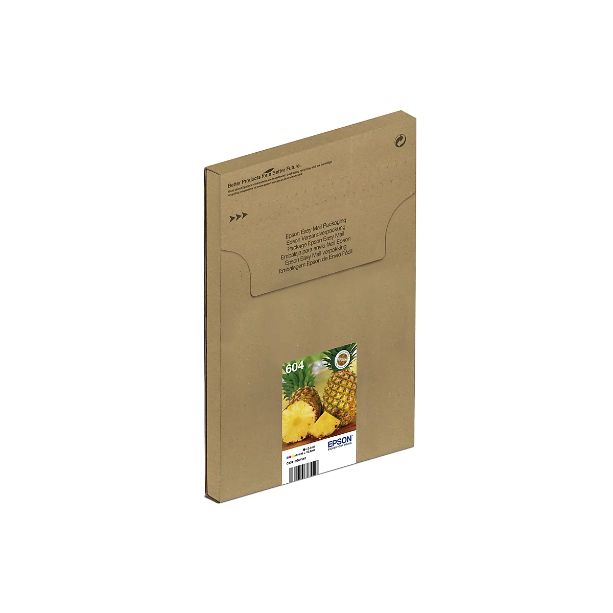 Brauner Karton mit Epson-Logo und Ananas-Abbildung. Text: Epson Easy Mail Packaging, 604.