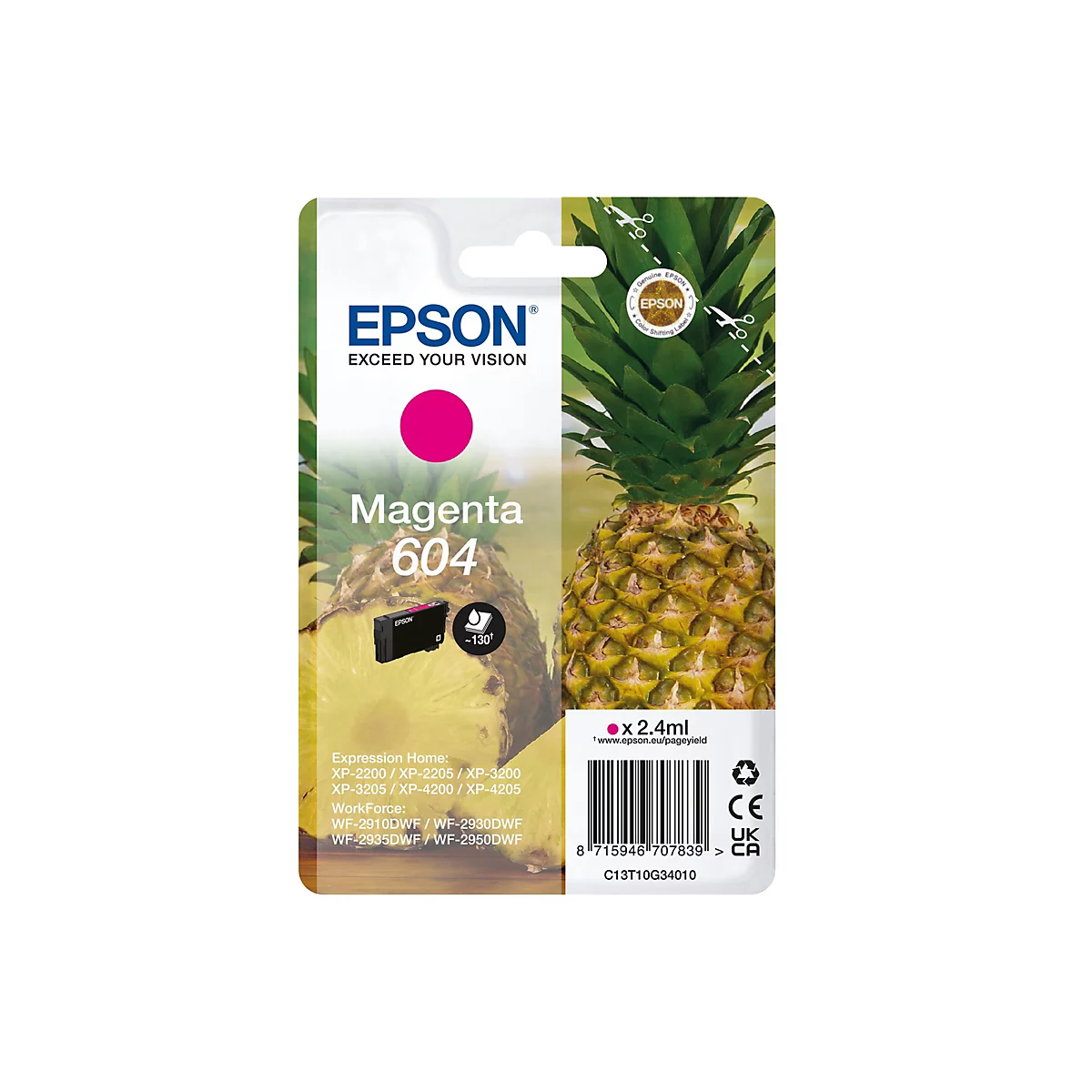 Epson Tintenpatrone, Magenta 604, mit Ananas-Hintergrund. Aufschrift "Epson, exceed your vision".