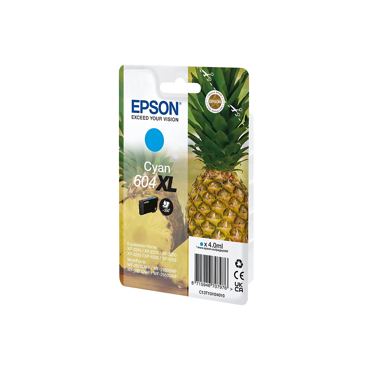 Eine Epson Tintenpatrone, die in einem Ananas-Design dargestellt wird. Auf der Patrone steht "Cyan 604 XL".