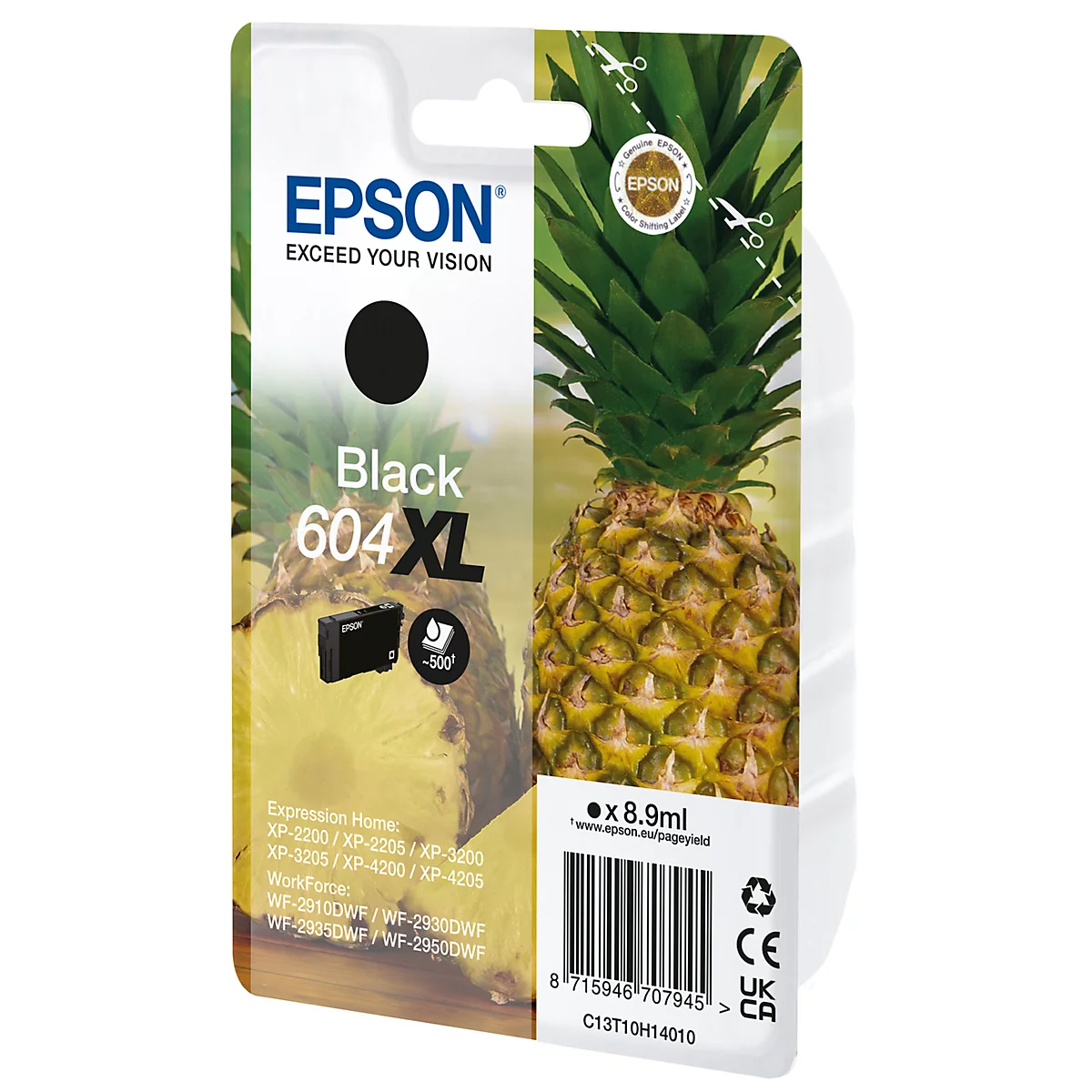 Epson Tintenpatrone, schwarz, vor Ananas-Hintergrund. Schriftzug: Black 604 XL, 8.9ml.