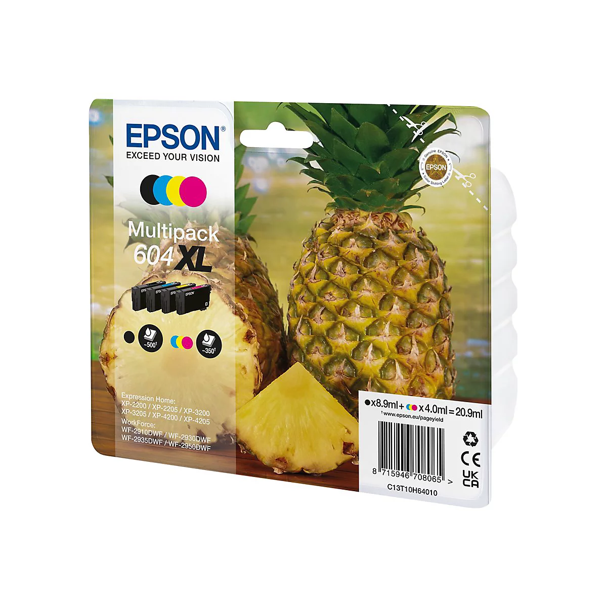 Epson Tintenpatronen-Multipack, 604XL, mit Ananas-Hintergrund. Schwarze, Cyan, Gelb und Magenta Patronen, Produktinformationen und Strichcode.