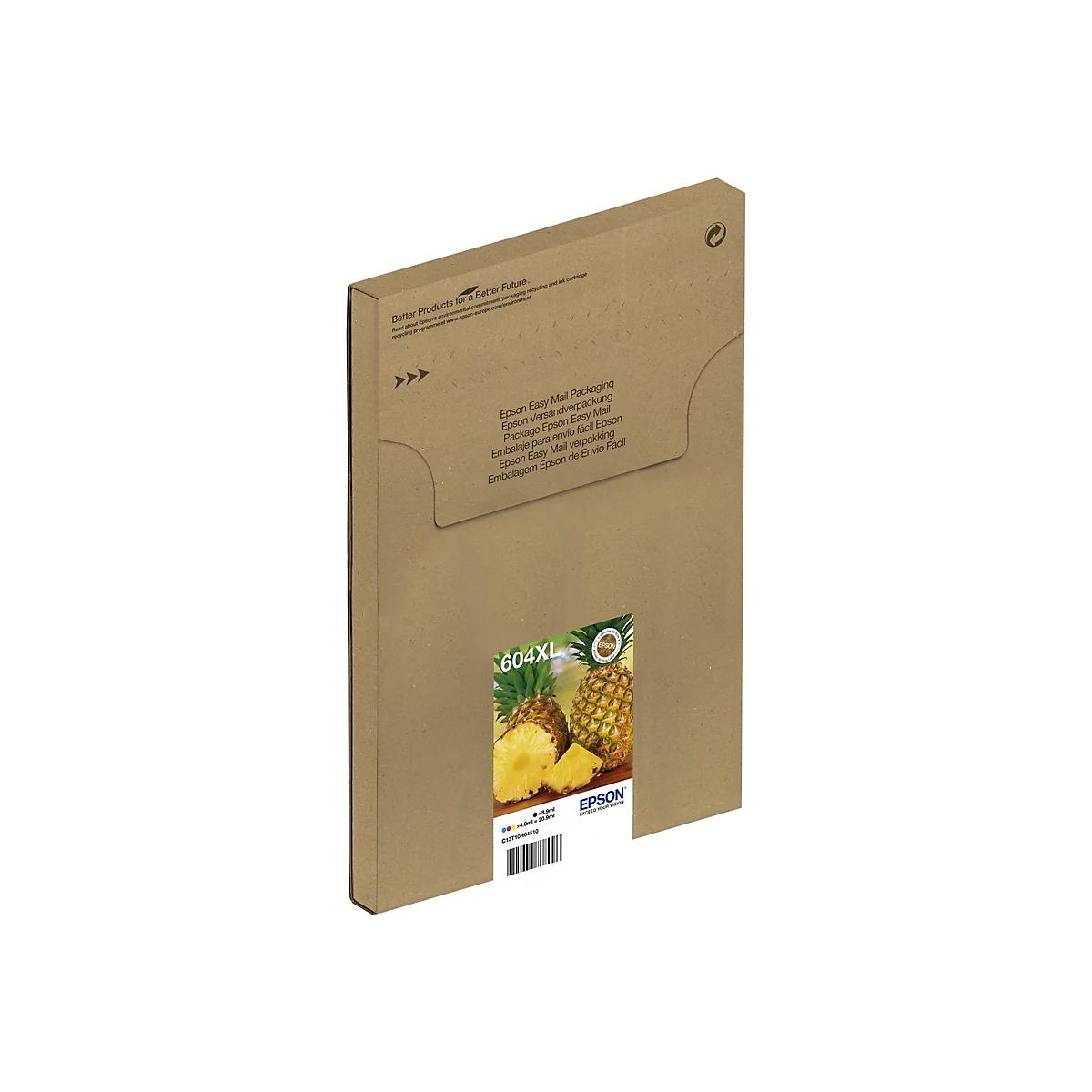 Brauner Epson Karton mit Ananas-Abbildung und Schriftzug. Aufschrift: "Epson Easy Mail Packaging".