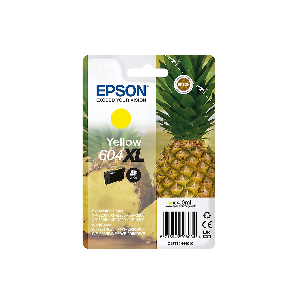 Gelbe Epson Tintenpatrone 604XL, in Ananas-Optik verpackt. Aufgedruckter Text: Epson, Exceed your Vision, x 4,0ml.