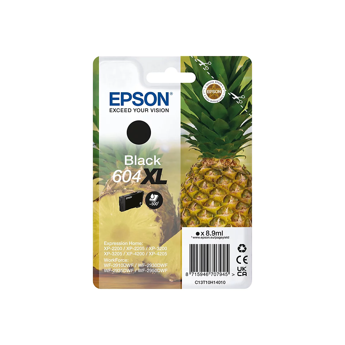 Schwarze Epson Tintenpatrone (604 XL) auf Verpackung mit Ananas-Hintergrund. Schwarze Tinte, Reichweite ca. 500 Seiten.