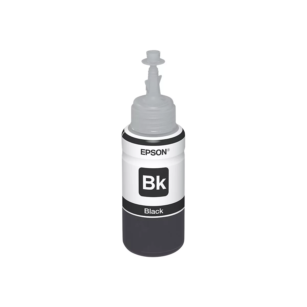 Flacon d'encre noire de la marque Epson. L'étiquette blanche indique "BK" et "Black". Le bouchon est gris.