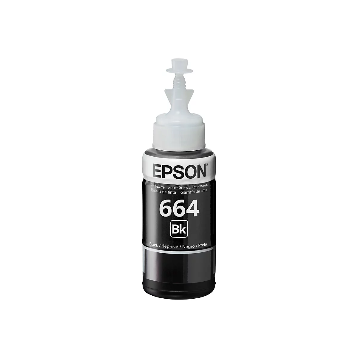 Encre noire Epson en bouteille. Inscription : 664. Un petit insert est sur la fermeture.