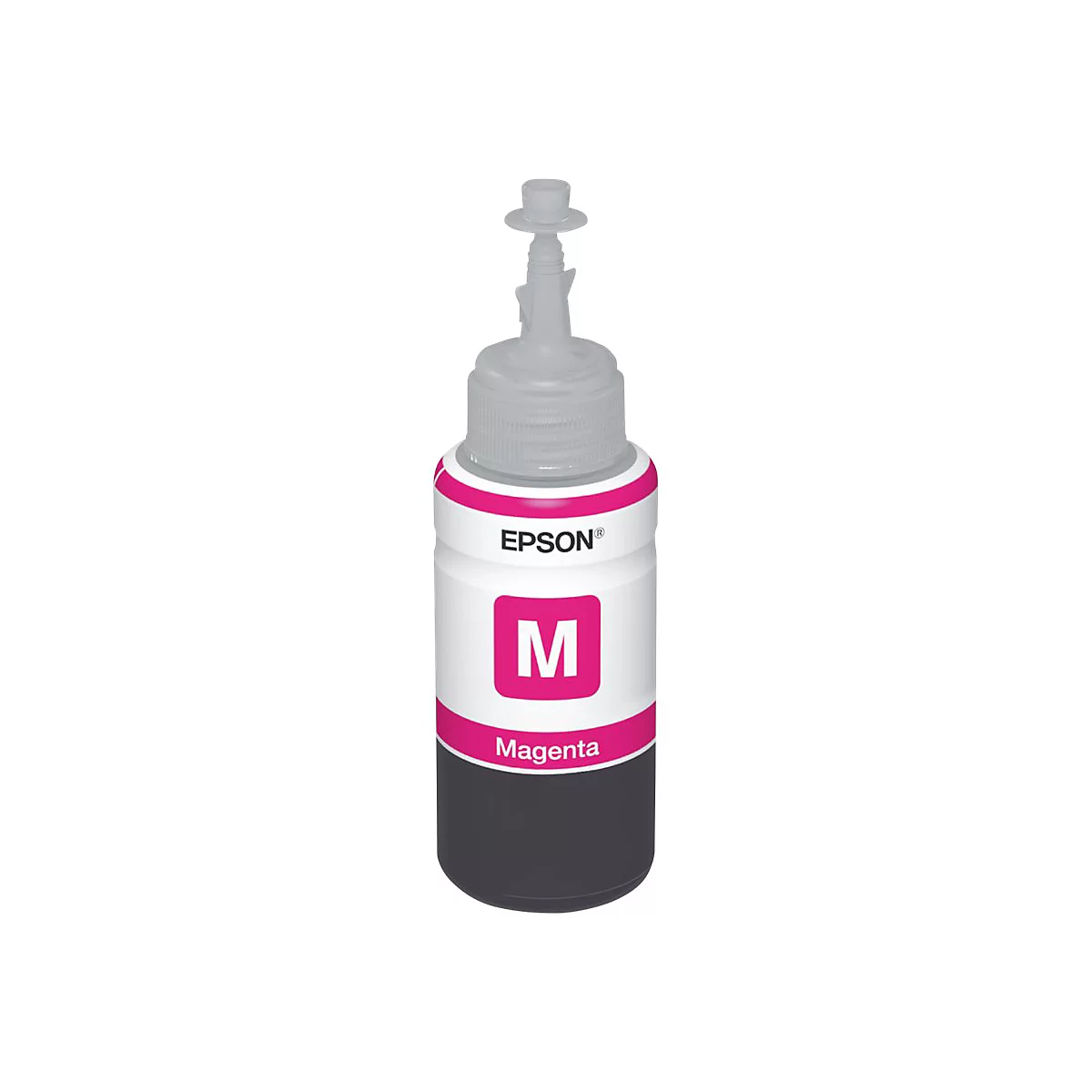 Flacon d'encre magenta de la marque Epson. Inscription : 'Magenta'.