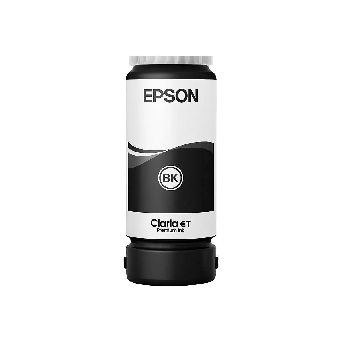 Schwarz Tintenflasche der Marke Epson. Die Flasche ist schwarz und weiß mit der Aufschrift „EPSON“ und „Claria ET Premium Ink“.