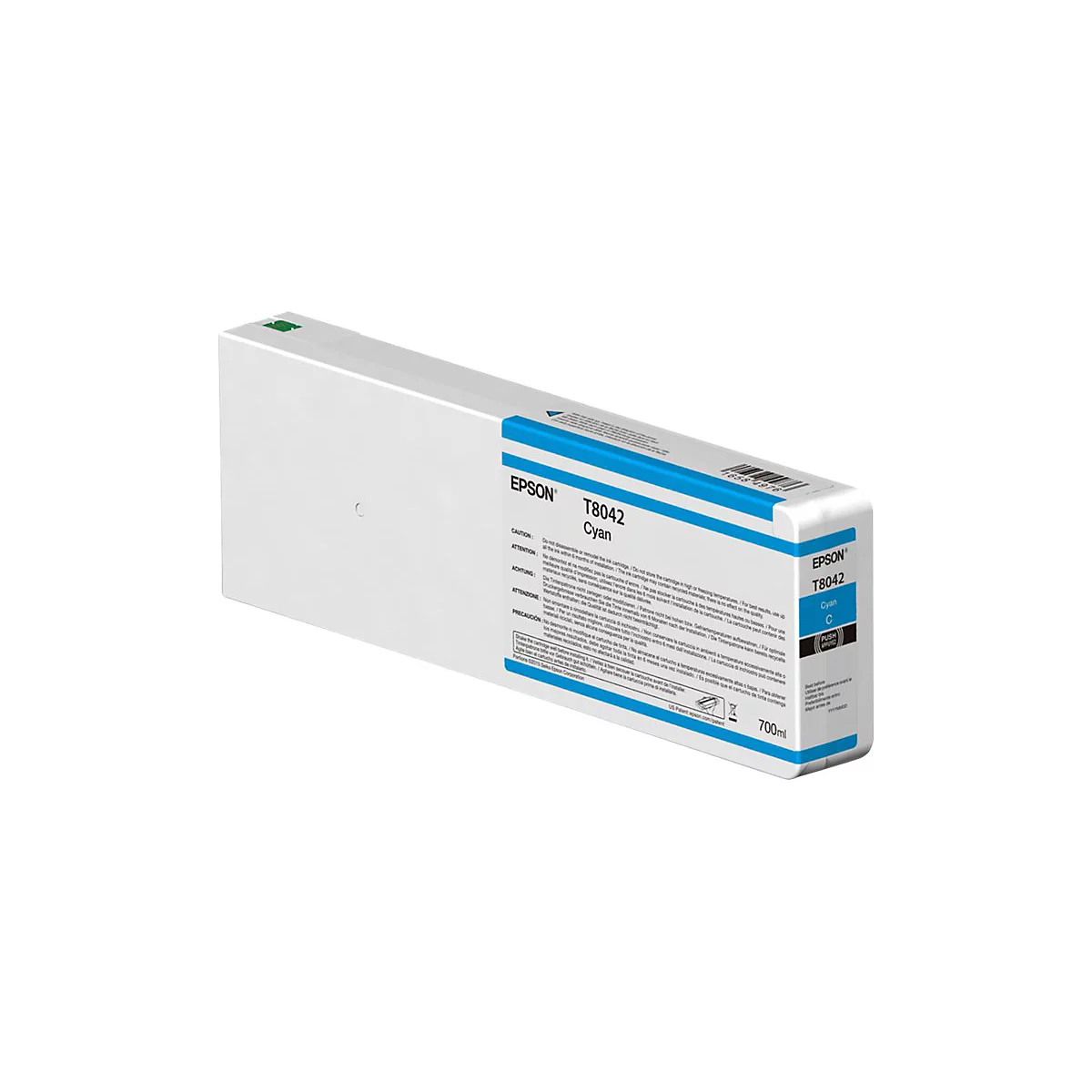 Epson T8042 Tintenpatrone in Cyan. Der weiÃŸe Karton hat blaue Akzente und Beschriftungen. Aufgedruckte Angaben sind erkennbar.
