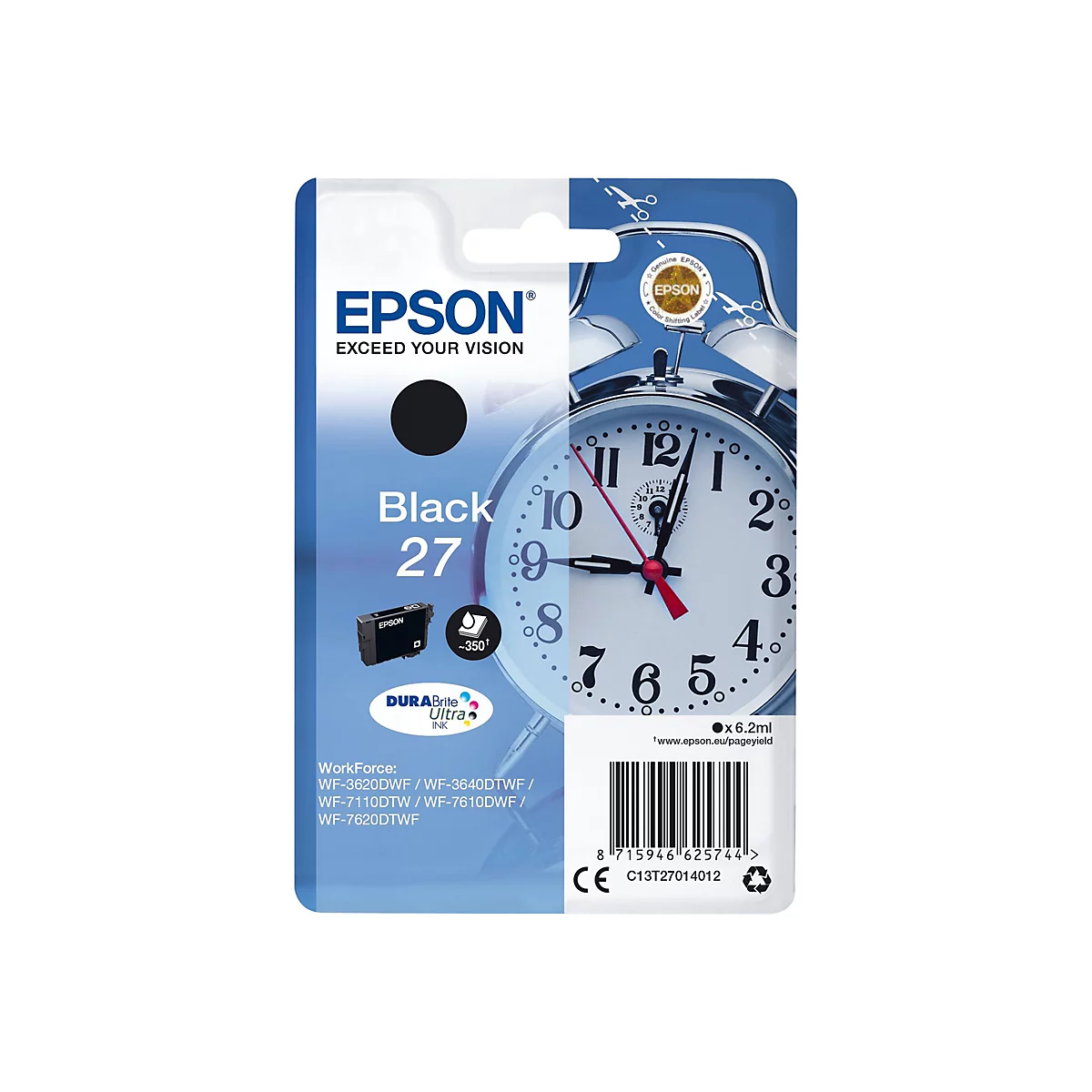 Une cartouche d'encre Epson dans un blister avec un cadran d'horloge en arrière-plan. L'emballage indique "Black 27".