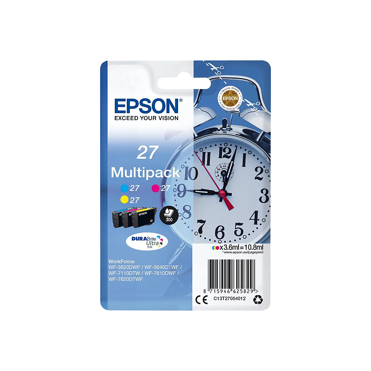 Multipack de cartouches d'encre Epson, avec une horloge en arrière-plan. On y voit des cartouches d'encre et une horloge avec des aiguilles rouges.