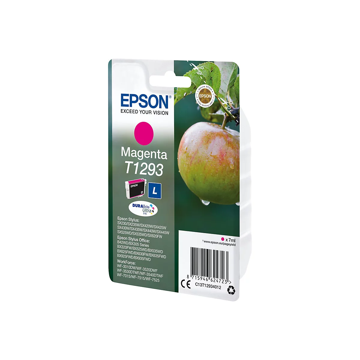 Cartouche d'encre magenta par Epson. Emballage avec logo et nom du produit. En arrière-plan, une pomme sur l'arbre.