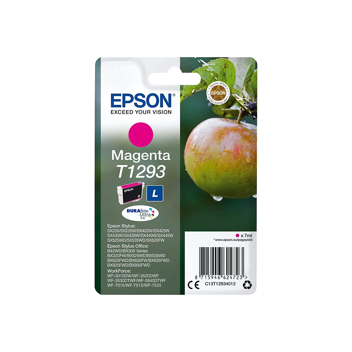 Une cartouche d'encre magenta Epson sur un fond avec une pomme.